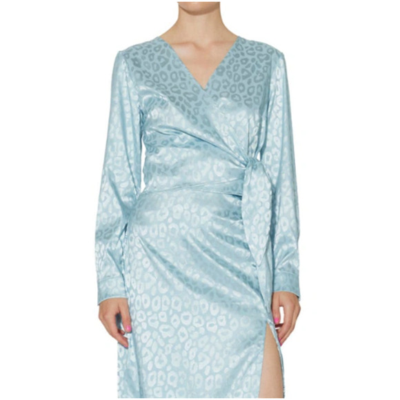 SOMETHING NEW Blue Topaz Mia Leopard Print Satin Wrap Top And Skirt Set M - Picture 2 of 8